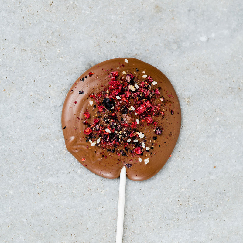 Tempered chocolate lollipop filled with chopped fruit and nuts.